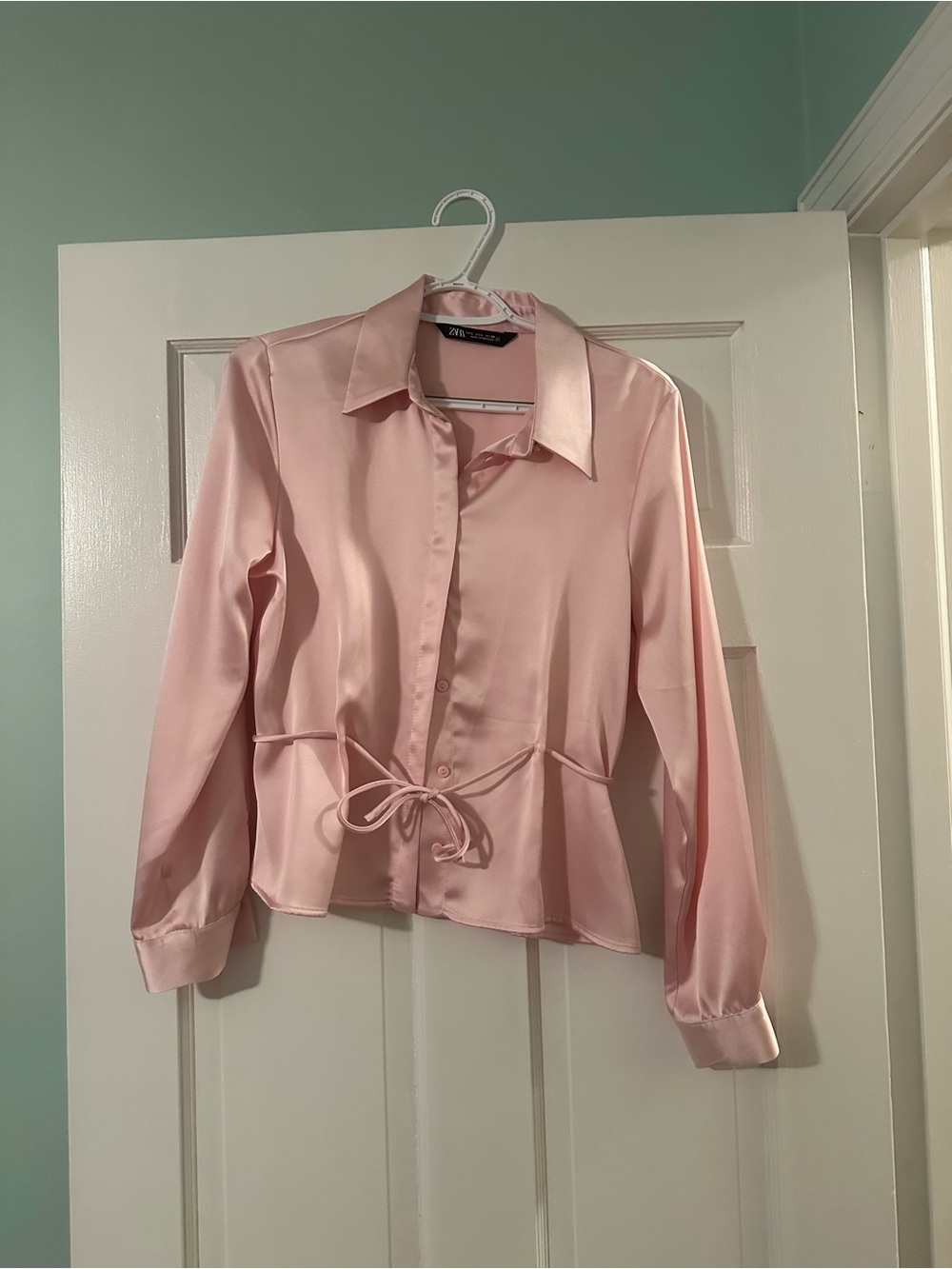 Zara Satin Button-Front Tie-Waist Shirt - Light Pink